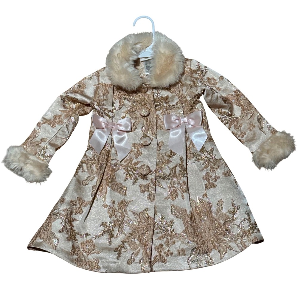 Blueberi Gold Toddler Girl Coat Dress 3T Gold Brocade Faux Fur Collar Holiday - Picture 9 of 9
